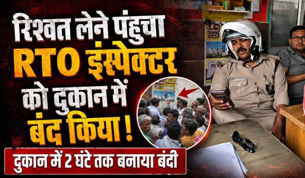 Transport Department Inspector Arrested :- रिश्वत लेने पहुंचे आरटीओ इंस्पेक्टर को दुकान में बंद किया, वीडियो वायरल होने के बाद जांच के आदेश !