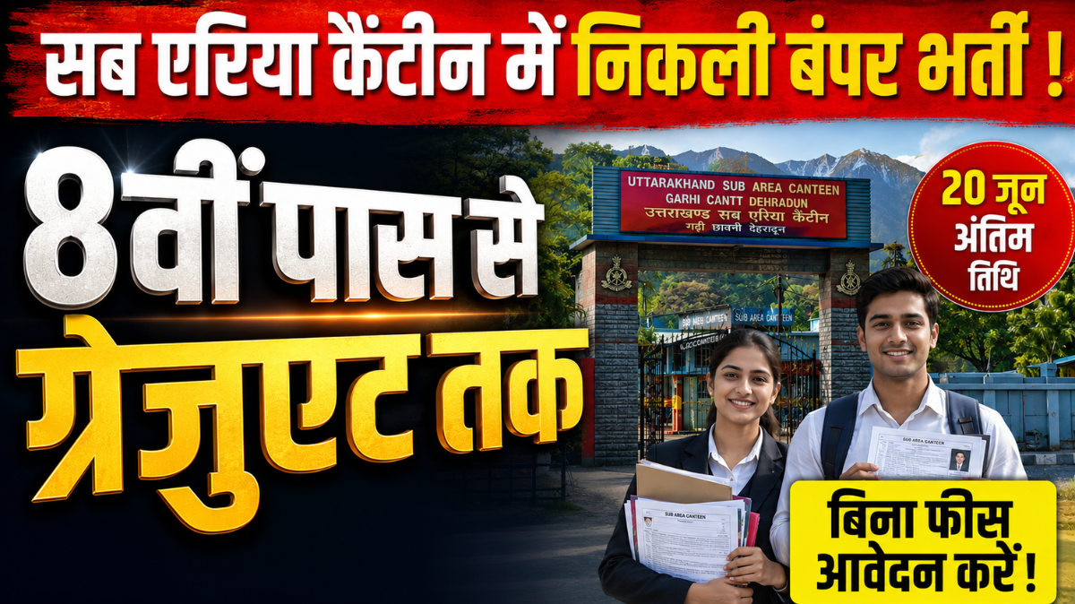 Dehradun Sub Area Canteen Recruitment 2026 :- उत्तराखंड सब एरिया कैंटीन में 82 पदों पर भर्ती, आवेदन की अंतिम तिथि 20 जून 2026 !