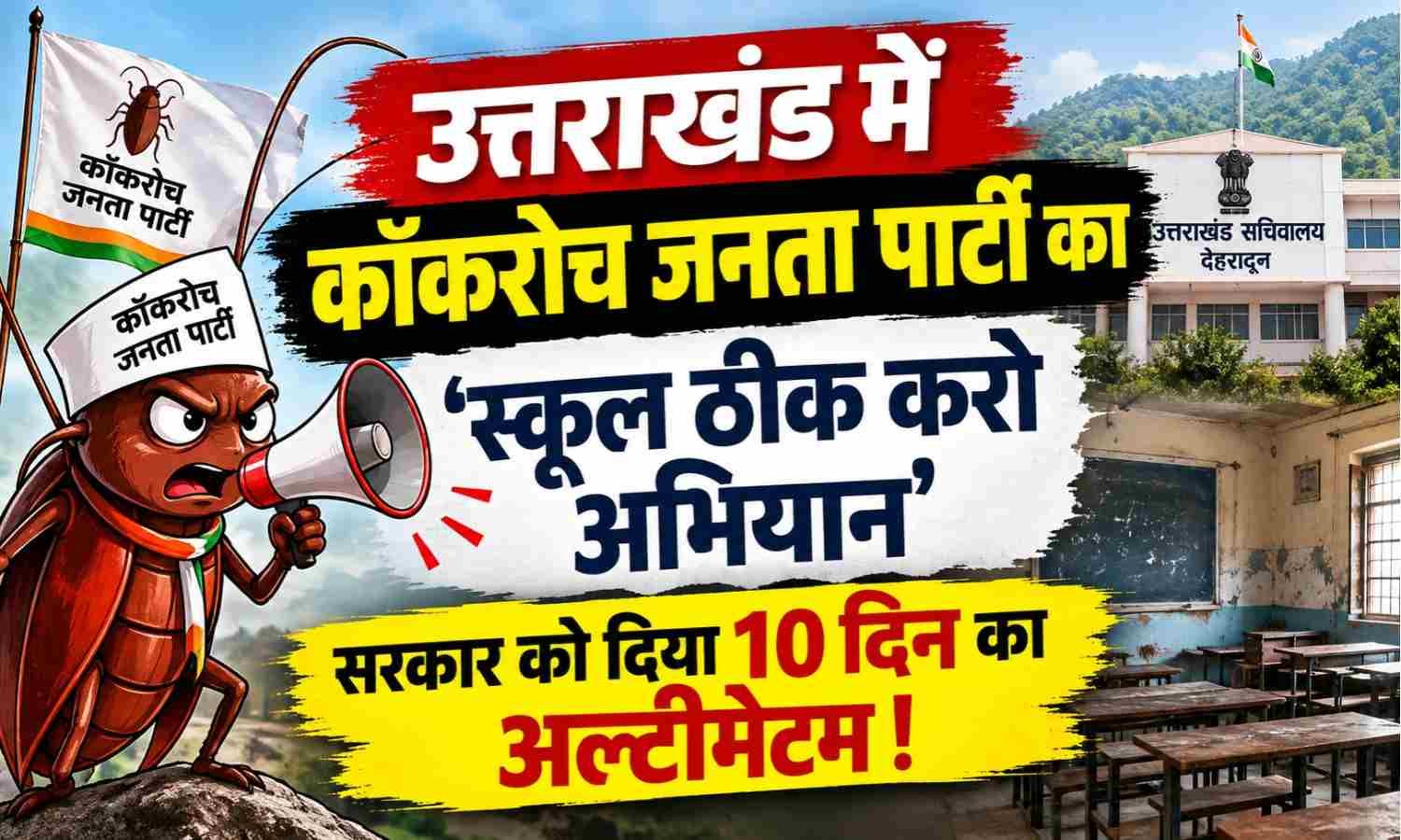 CJP School Thik Karo Campaign In Uttarakhand :- उत्तराखंड में कॉकरोच जनता पार्टी का ‘स्कूल ठीक करो अभियान’ सरकार को दिया 10 दिन का अल्टीमेटम !