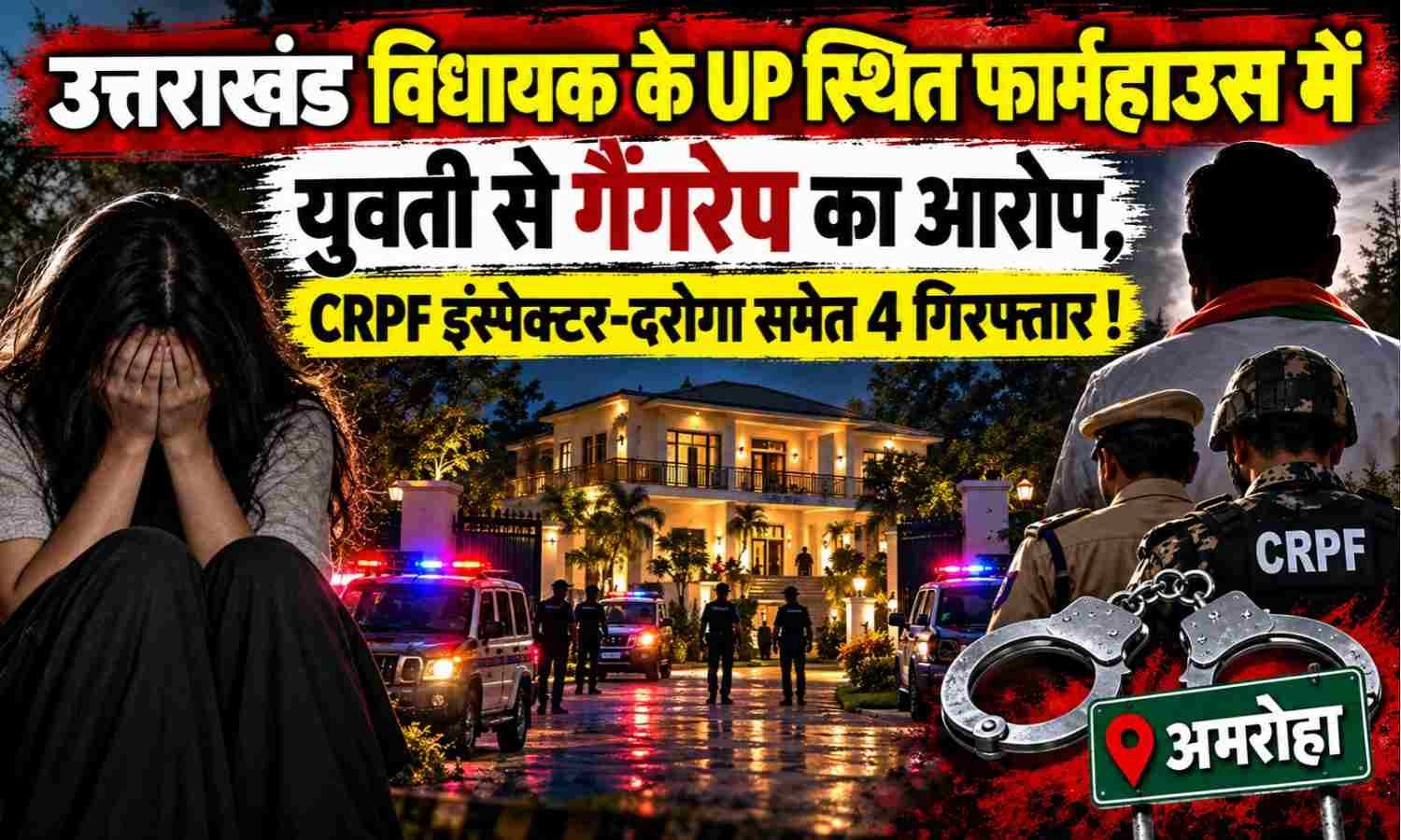 Amroha Gangrape Case :- उत्तराखंड विधायक के UP स्थित फार्महाउस में युवती से गैंगरेप का आरोप, CRPF इंस्पेक्टर-दरोगा समेत 4 गिरफ्तार !